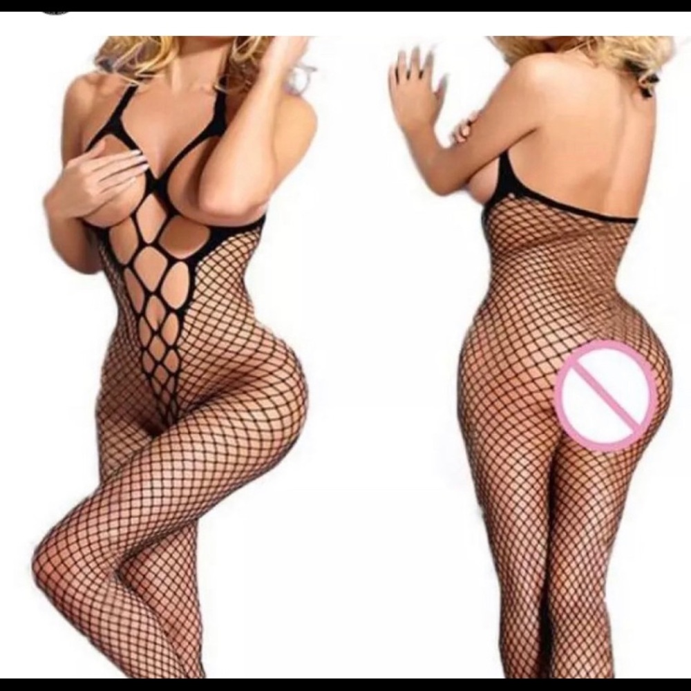Black Fishnet Lace Cat Bodysuit Lingerie Nighty